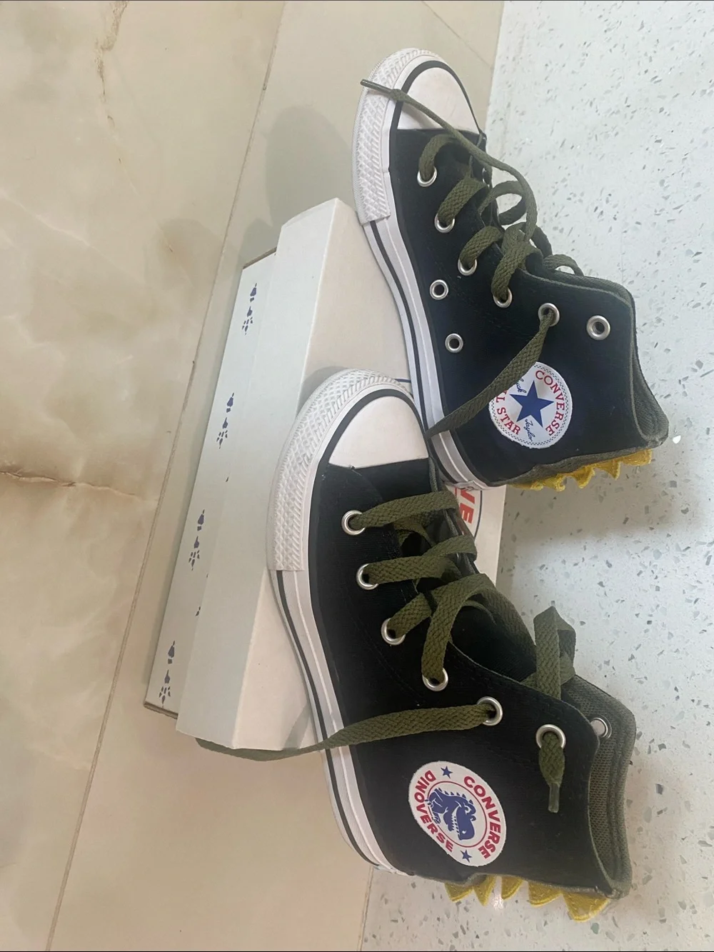 Converse Dinoverse. Black High-Top Sneakers with Olive Laces and Yellow Trim